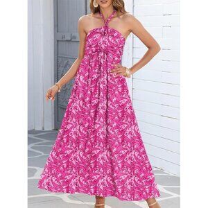 Halter Neck Pink Paisley Maxi Dress With Open Back Lightweight & Flowy Womens Su
